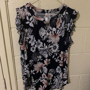 PerSeption Concept Floral Ruffle Blouse - Navy and Pink